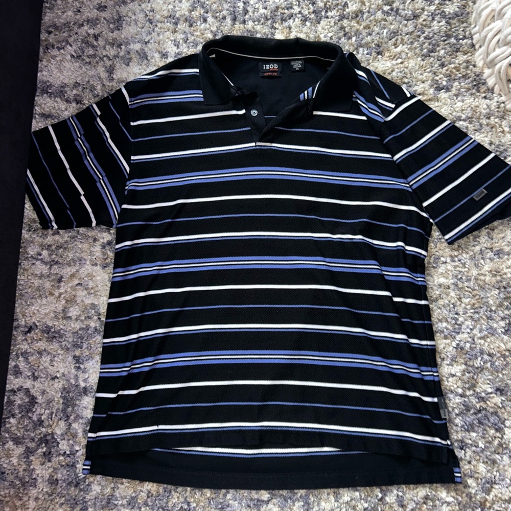 RARE Izod Cool-Fx Black and Blue Striped Polo Shirt